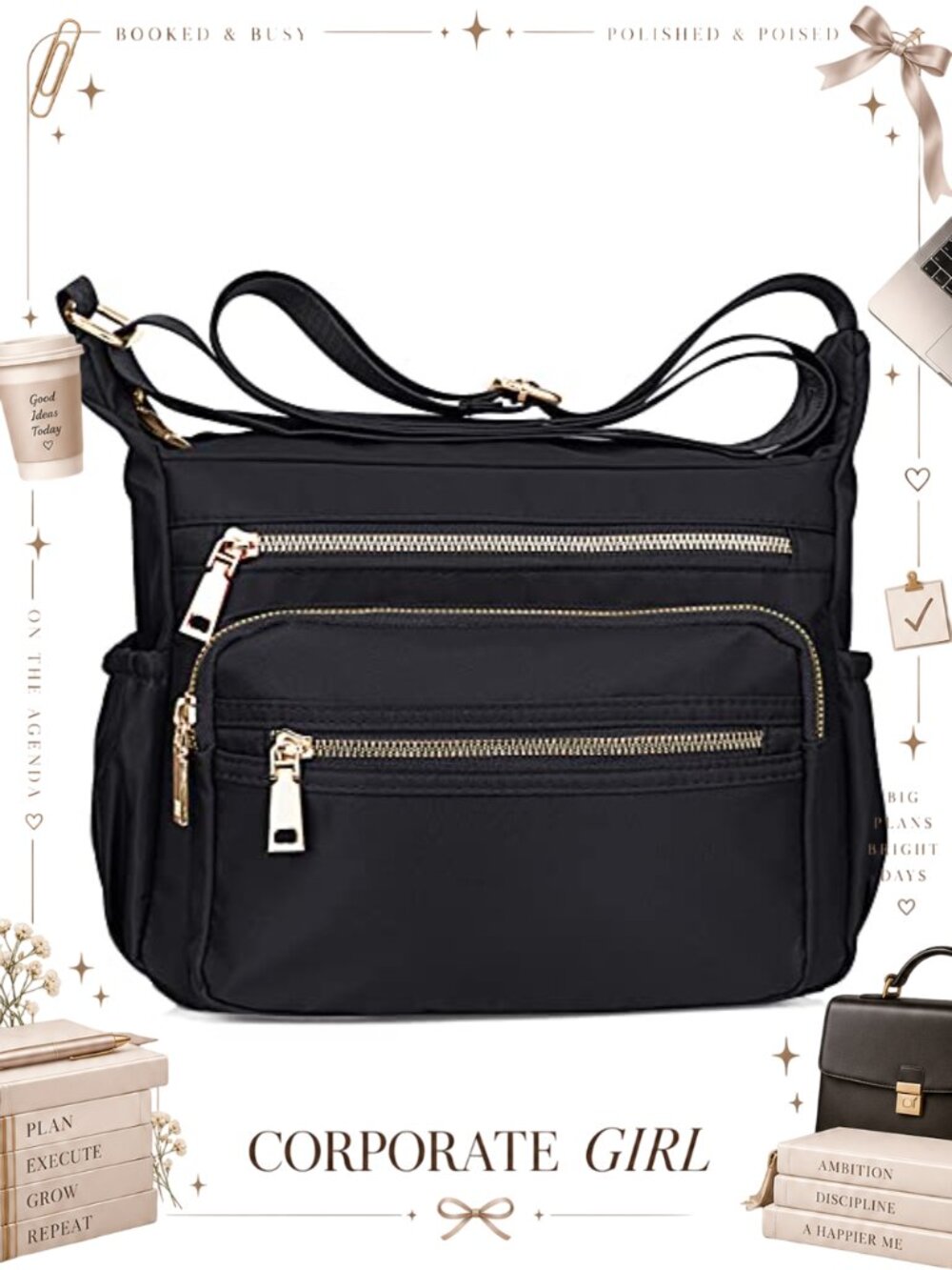 Nylon Crossbody Bag Waterproof Messenger Multi-Pocket Adjustable Strap